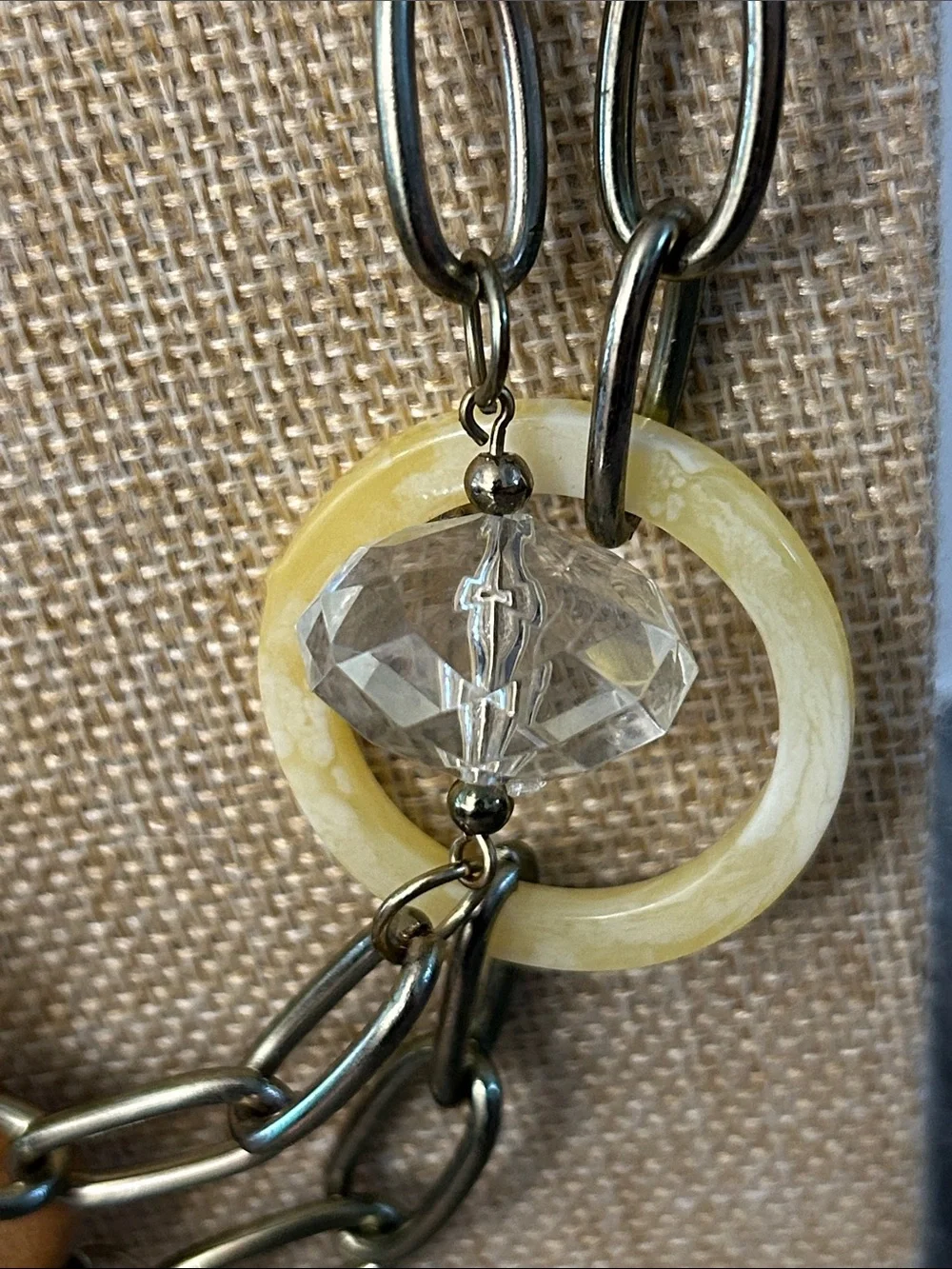 Yellow acrylic & goldtone chain Statement Necklace 21” long yellow clear tan - Picture 3 of 6